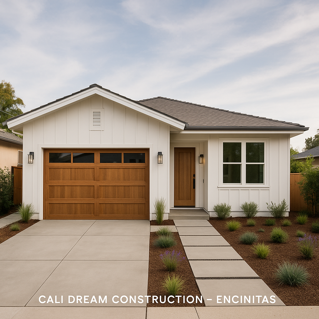 White house with brown garage door and front door; concrete pathway.