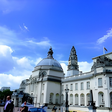 Exterior of National Museum Cardiff with classical architecture and steps leading to entrance