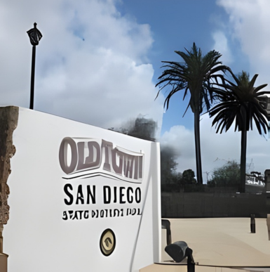 Historic buildings and vibrant streets with shops and restaurants at Old Town San Diego