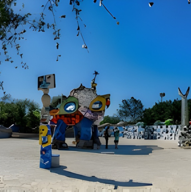 Colorful whimsical sculpture garden with mosaic art and unique playful designs at Queen Califia's Magical Circle