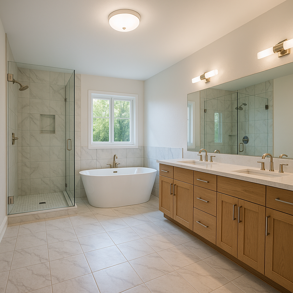 Rancho Bernardo bathroom remodel – spa-style design with freestanding tub and marble finishes. Luxury Rancho Bernardo bathroom remodel with freestanding tub, glass walk-in shower, dual vanity, and marble flooring.