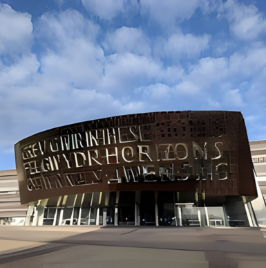 Modern architectural exterior of Wales Millennium Centre in Cardiff Bay