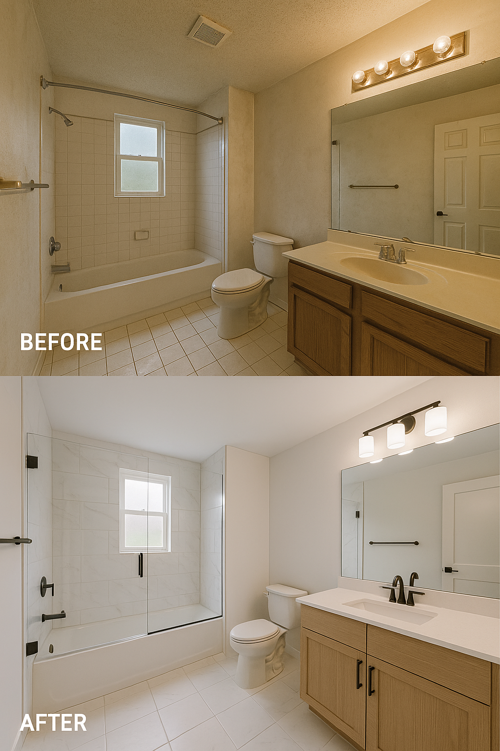 Bathroom renovation before/after comparison; new white tile and fixtures, vanity with wood finish.