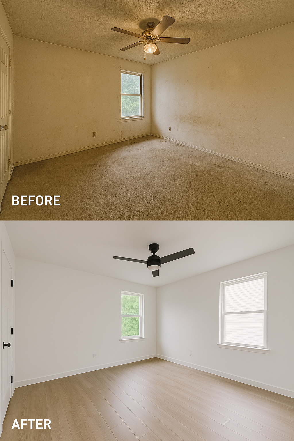 Room renovation comparison: Before shows dirty walls and carpet. After reveals white walls, wood floors, and new ceiling fan.