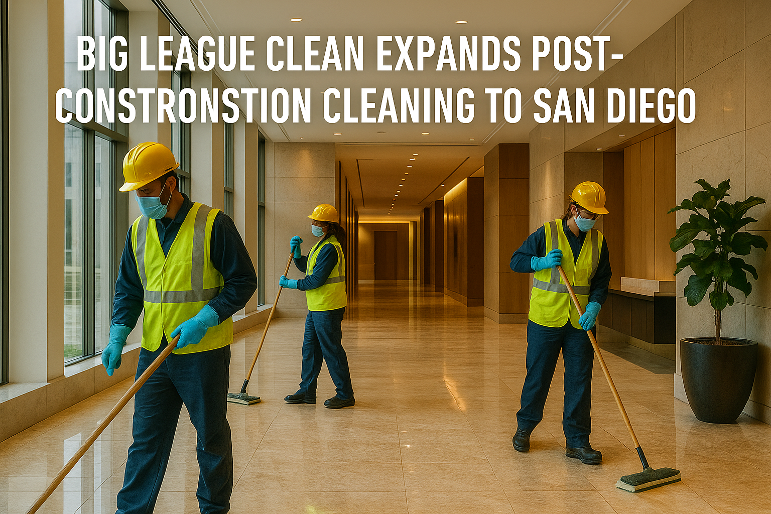 Professional cleaning crew performing post-construction cleaning in a modern San Diego building