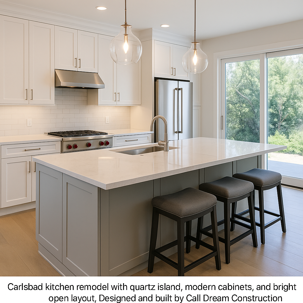Carlsbad kitchen remodel with quartz island, modern cabinets, and bright open layout by Cali Dream Construction