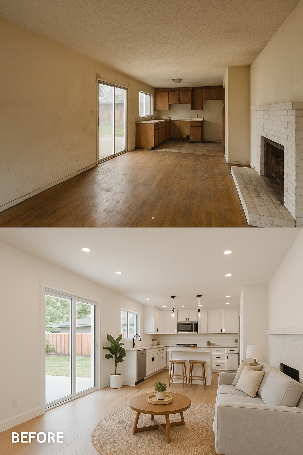 Before and after of a kitchen and living room renovation: white walls, new cabinets, wood floors, sliding glass door.