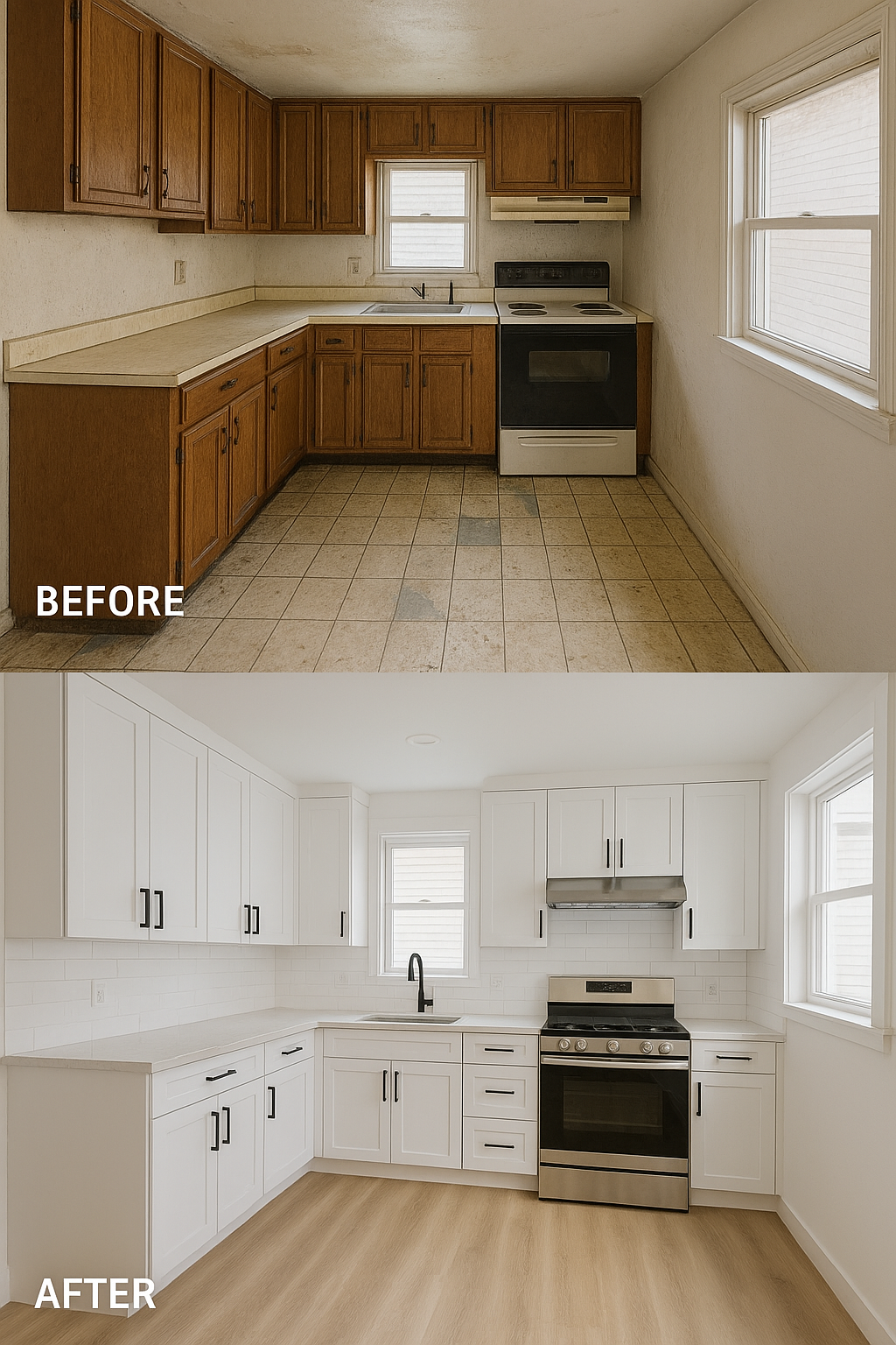 Kitchen remodel: Before and after comparison. Old kitchen with brown cabinets and worn flooring transformed with white cabinets and new flooring.