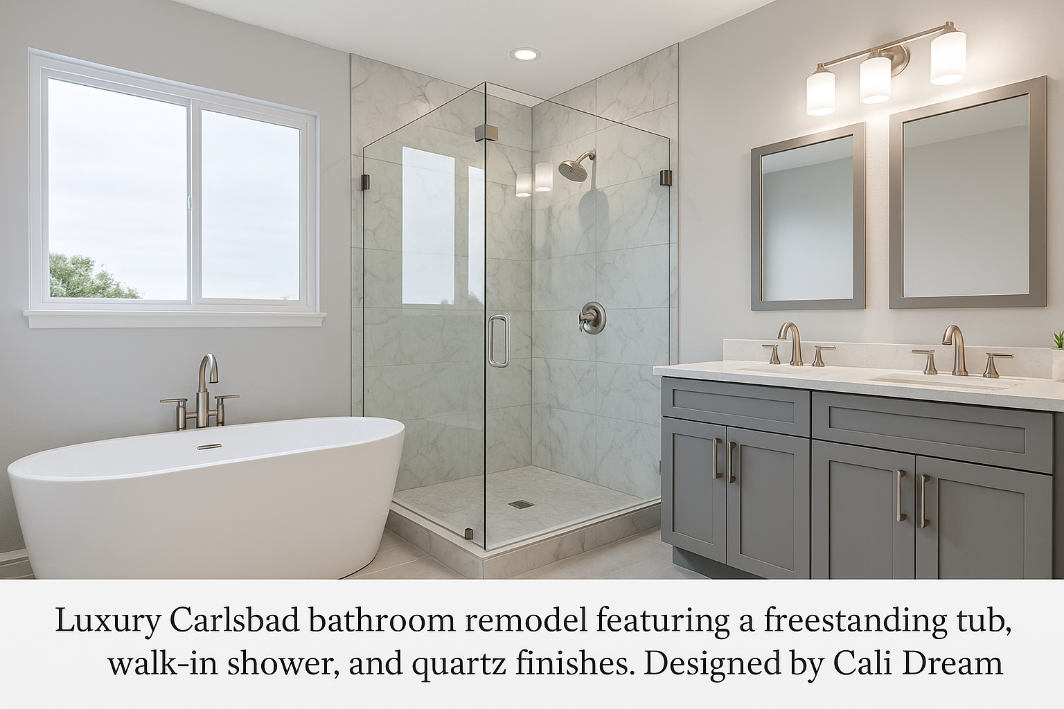 Luxury Carlsbad bathroom remodel with freestanding tub, walk-in shower, and quartz countertops by Cali Dream Construction