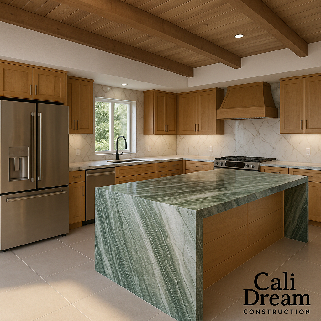 A luxury, empty kitchen interior in Poway with marble island, pendant lights, and hardwood floors.