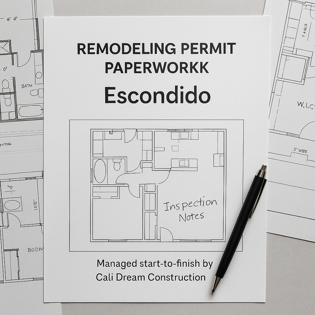 Escondido remodeling permit paperwork with floor plans and inspection notes by Cali Dream Construction