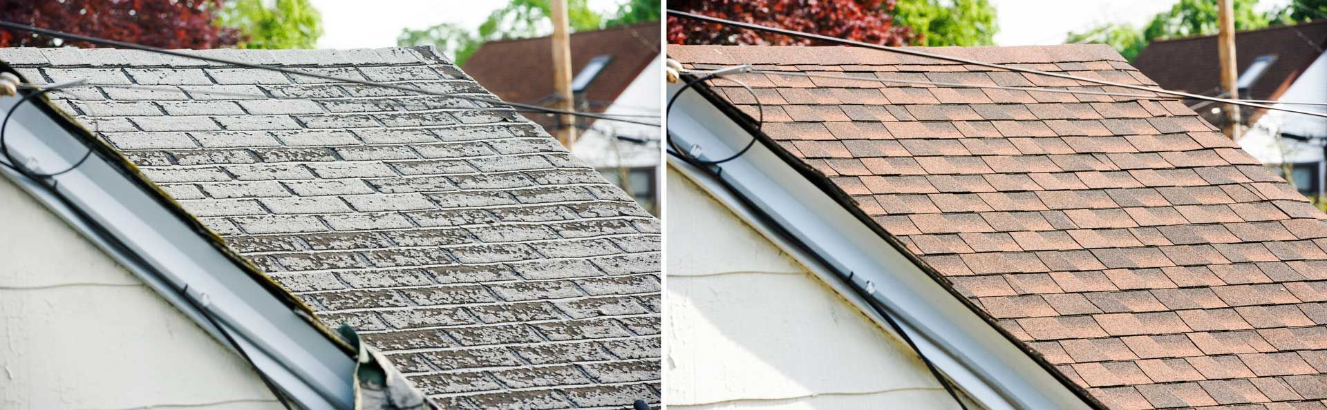 There is a before and after picture of a roof.