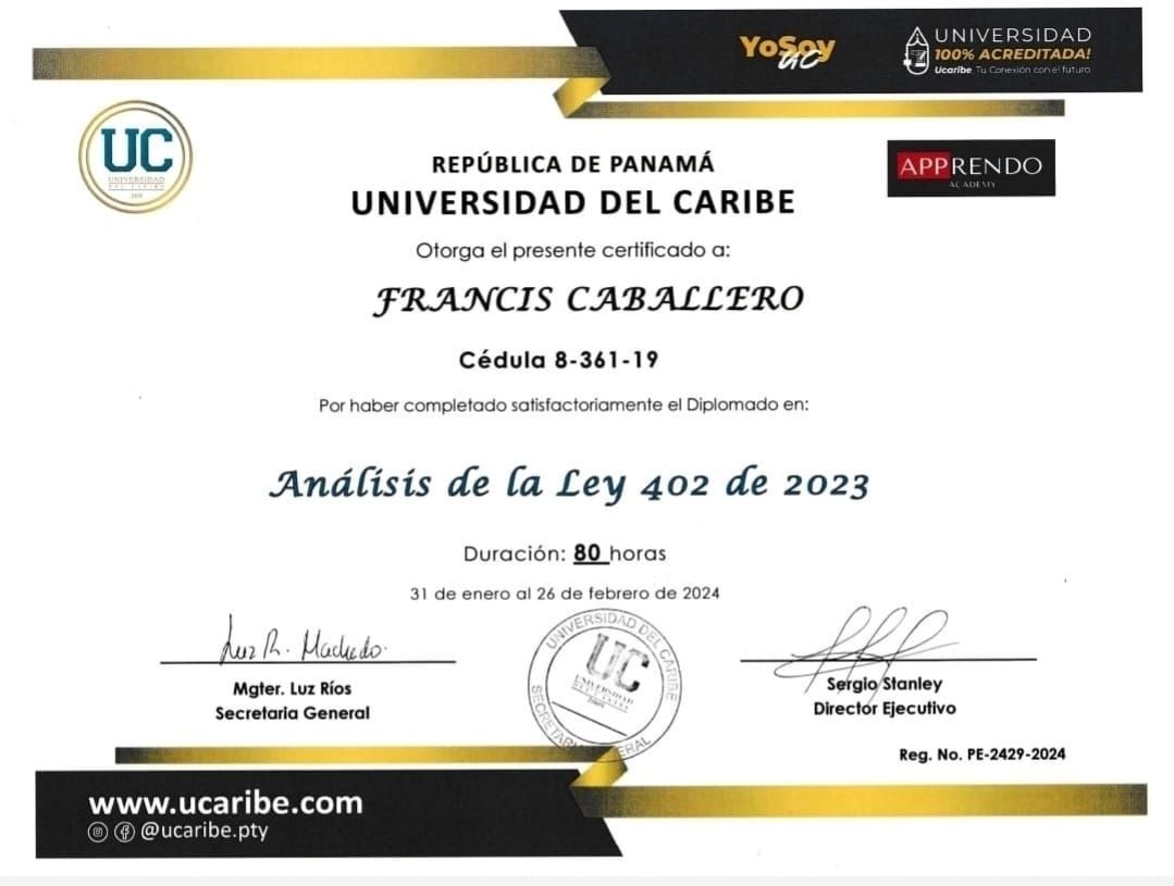 Certificado de la Universidad del Caribe otorgado a Francis Caballero por completar el curso de Derecho 402 del año 2023.