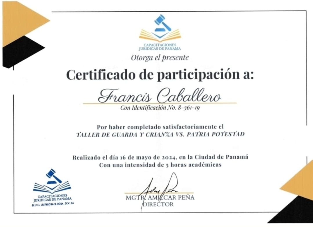 Certificado de participación otorgado a Francis Caballero por completar un taller sobre custodia y patria potestad.