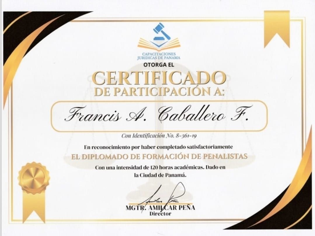 Certificado de participación otorgado a Francis A. Caballero F. por completar un programa de capacitación en defensa penal.