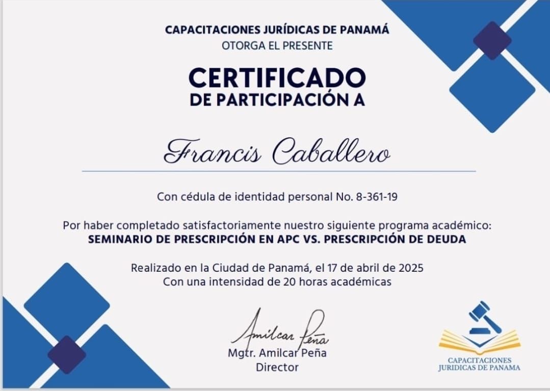 Certificado de participación otorgado a Francis Caballero
