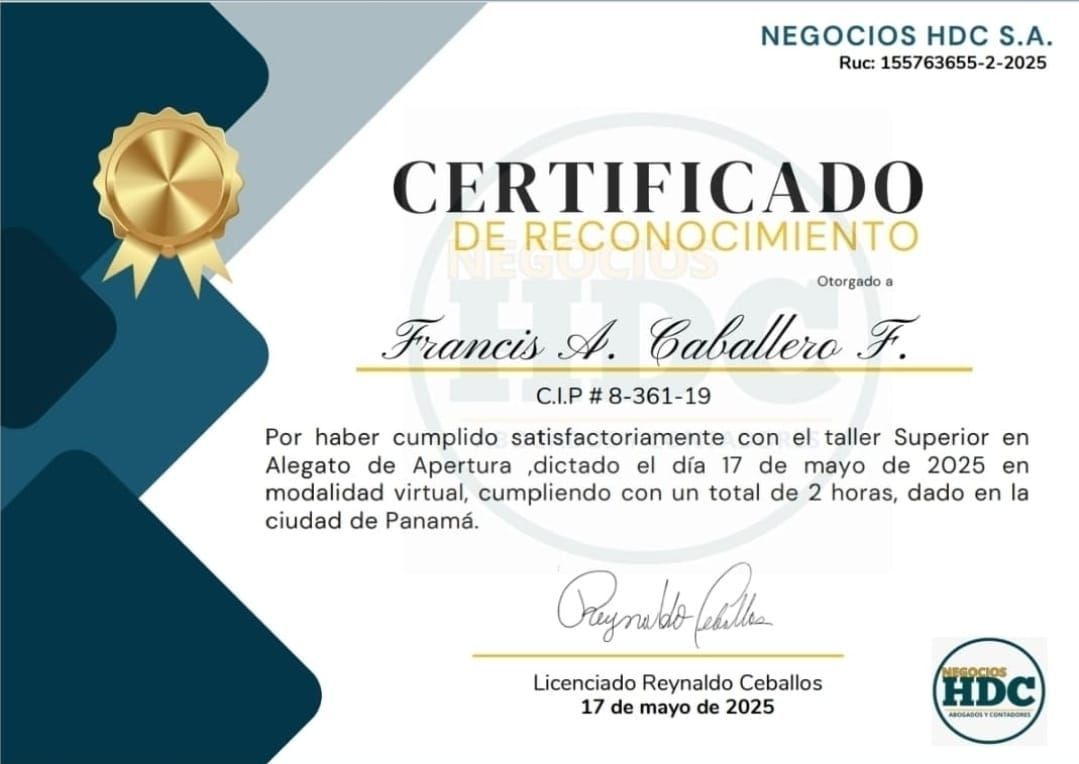 Certificado de reconocimiento otorgado a Francis A. Caballero F. 