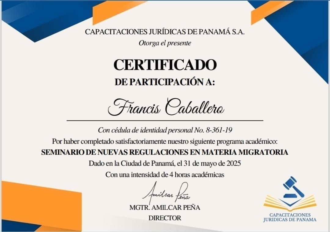 A Certificate of Participation from Capacitaciones Jurídicas de Panamá for Francis Caballero, dated May 31, 2025.