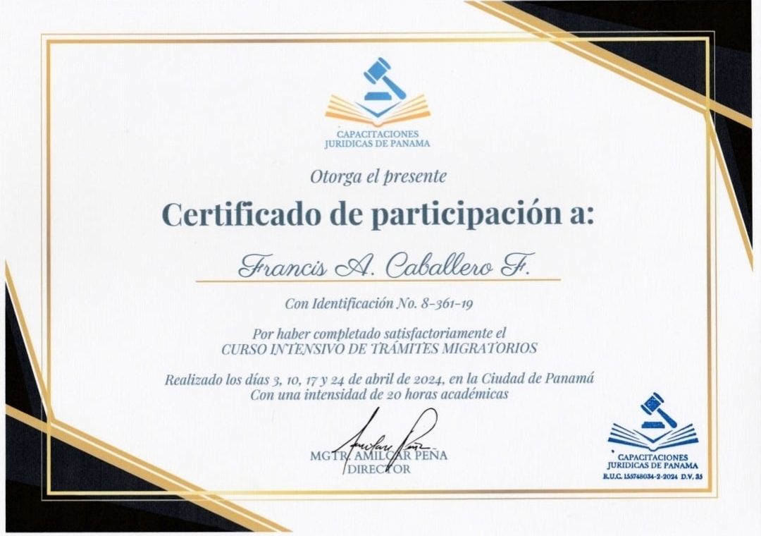 Certificado de participación para Francs A. Caballero F. por haber completado un seminario jurídico en abril de 2024.