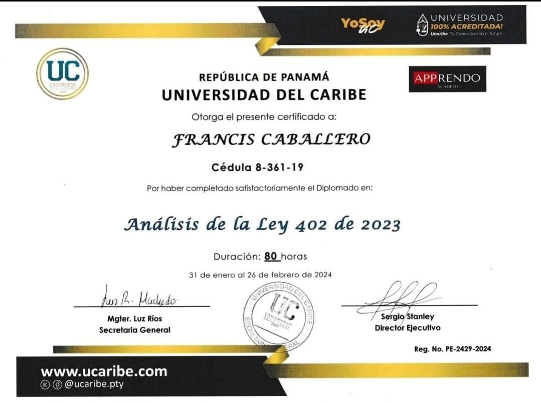 Certificado de la Universidad del Caribe para Francis Caballero por completar un análisis de la Ley 402 de 2023.