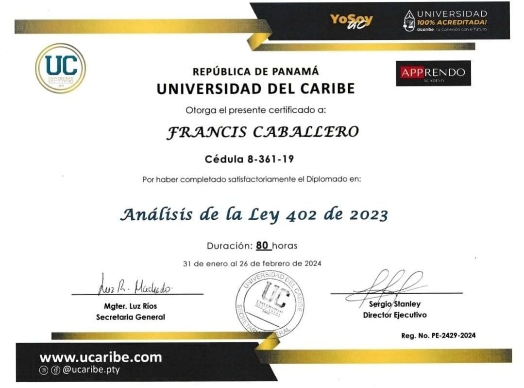 Certificado de la Universidad del Caribe otorgado a Francis Caballero por completar el curso de Derecho 402 del año 2023.