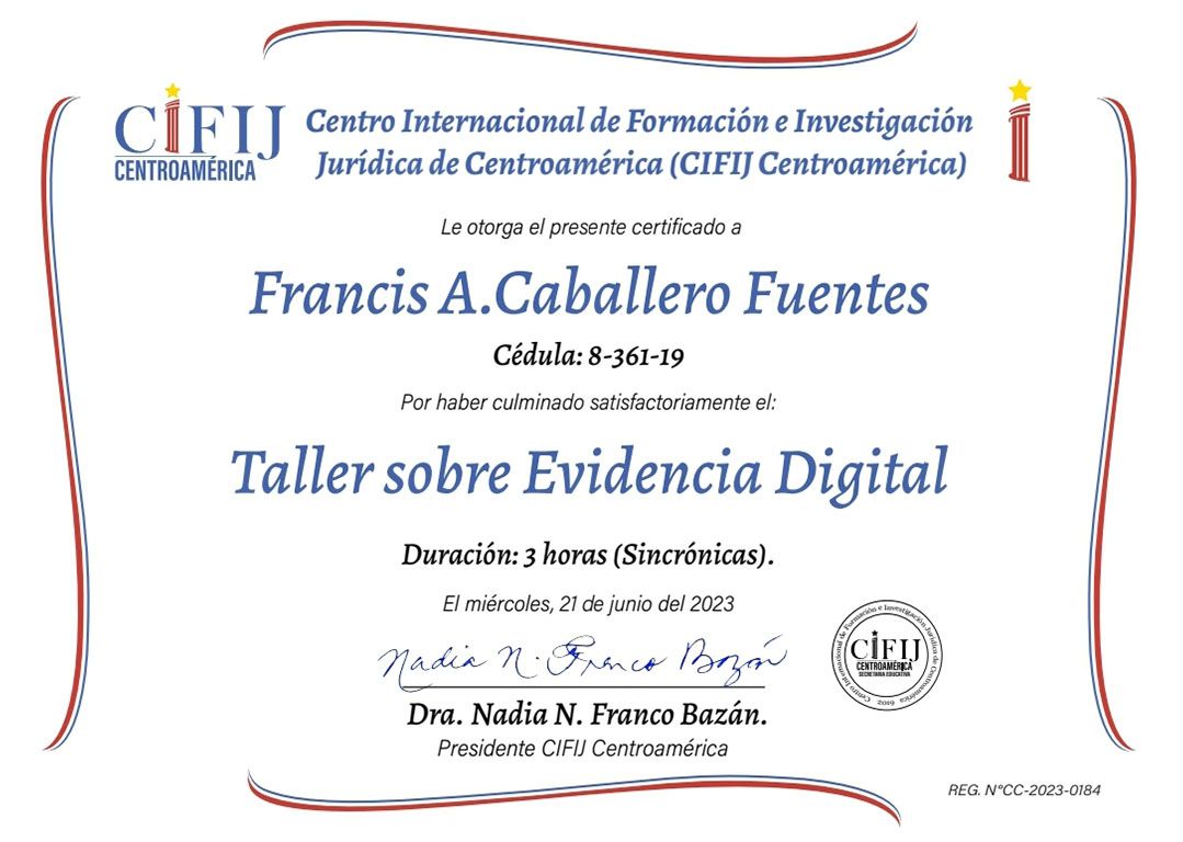 Certificado de finalización de un taller sobre evidencia digital otorgado