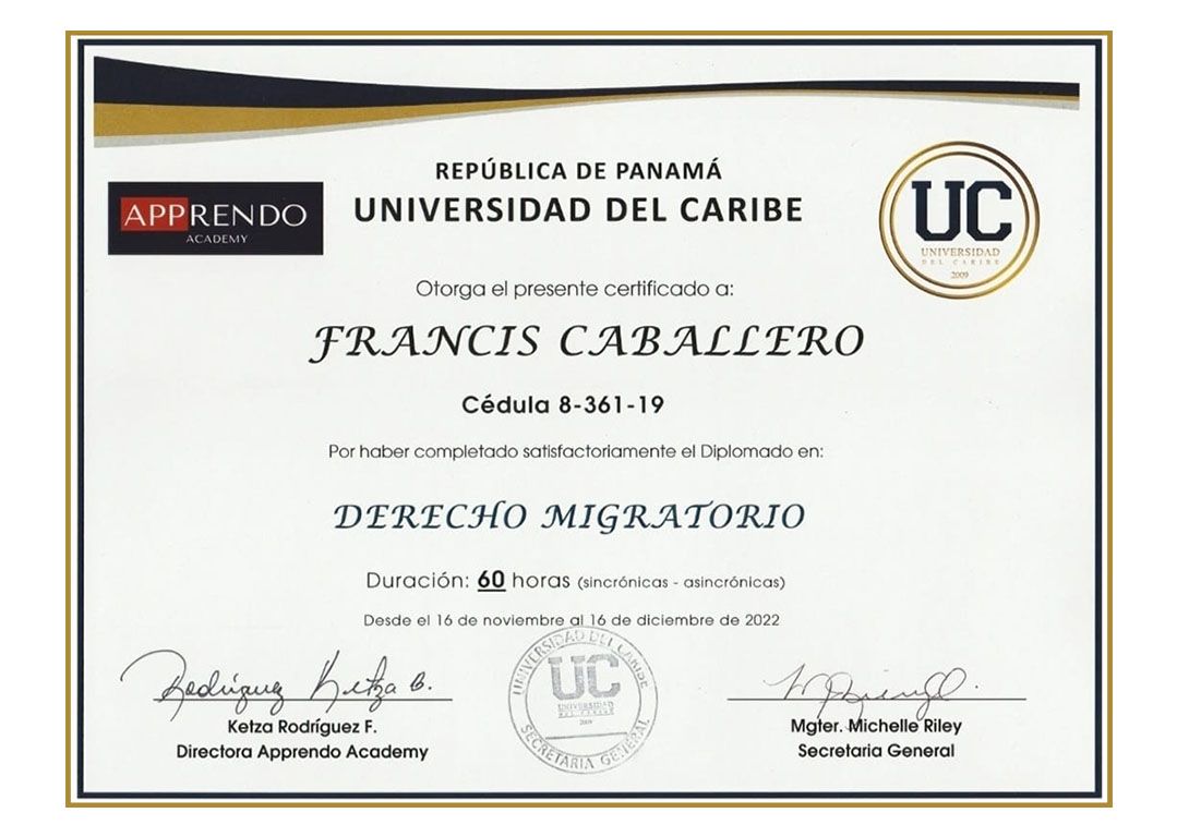 Certificado de la Universidad del Caribe en Panamá otorgado a Francis Caballero por un curso de Derecho Migratorio.