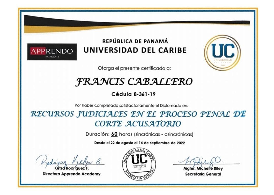 Certificado de la Universidad del Caribe otorgado a Francis Caballero por completar un curso sobre apelaciones judiciales.