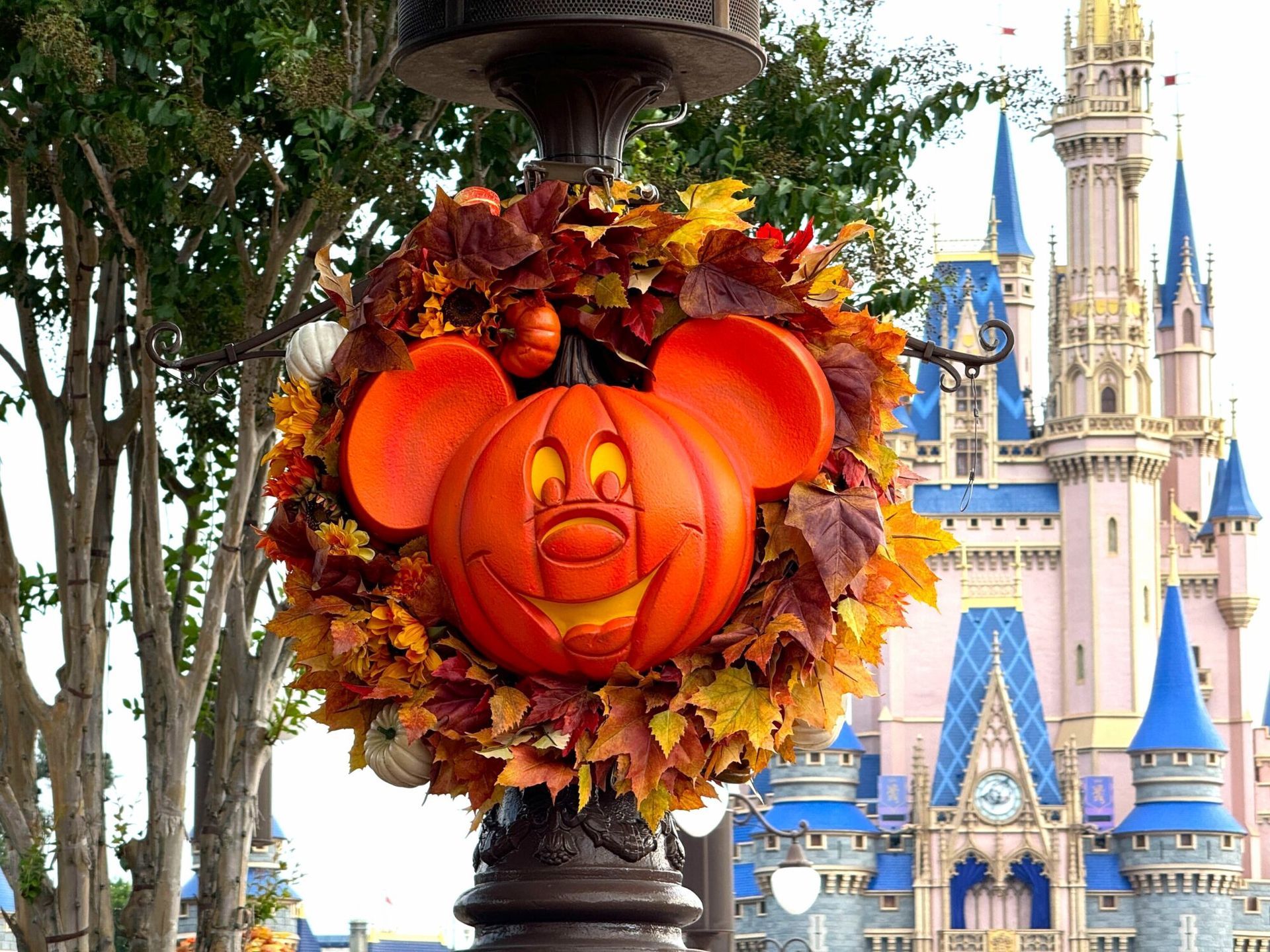 Mickey Mouse pumpkin outside of Mgic Kingdom's Cinderella castle