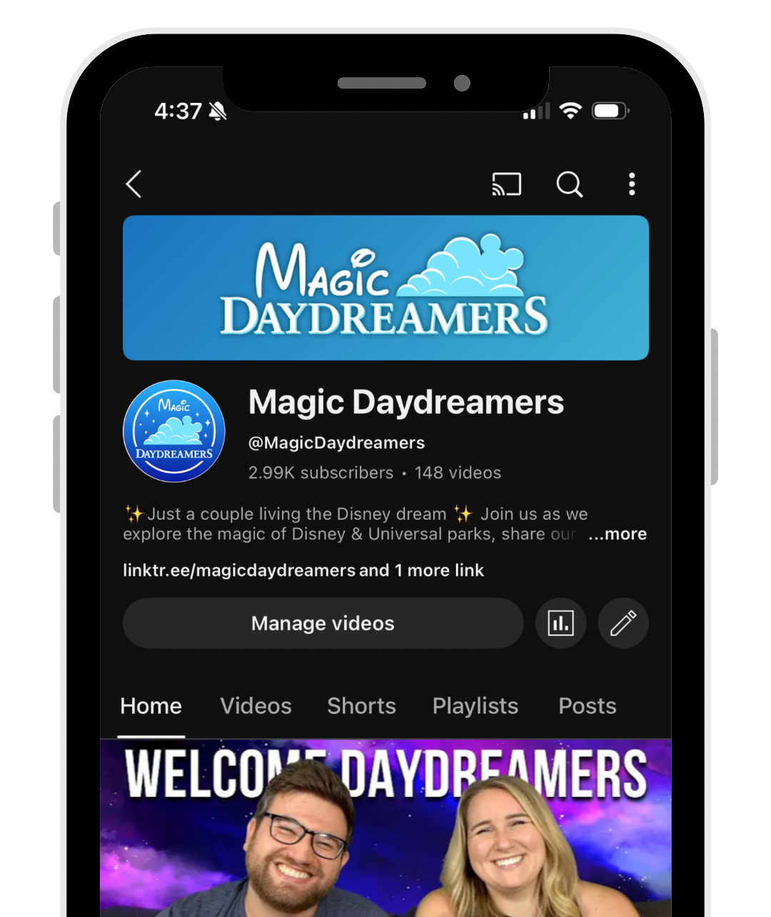 A screenshot of the Magic Daydreamers channel on a cell phone YouTube app
