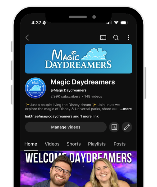A screenshot of the Magic Daydreamers channel on a cell phone YouTube app