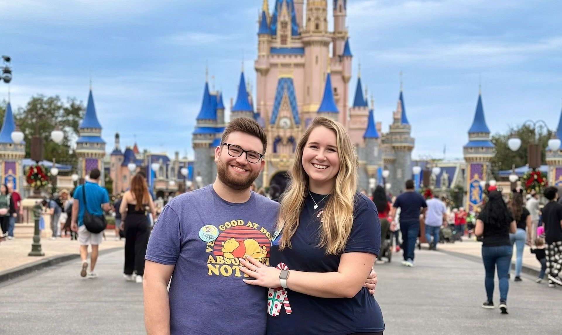 Scott & Lil Magic Daydreamers in front of Cinderellas Castle in Magic Kingdom