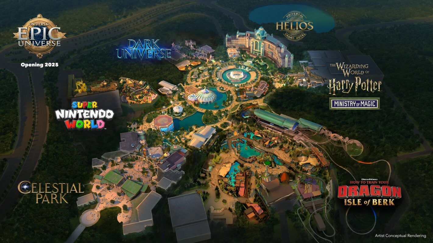 Epic Universe worlds including Dark Universe, Super Nintendo World, Ministry of Magic & Isle of Berk