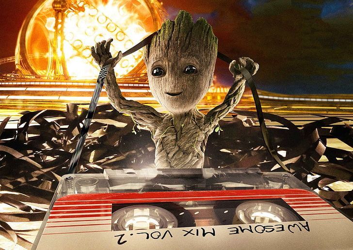 Baby Groot playing with Star-Lord's mixtape reels (Guardians of the Galaxy)