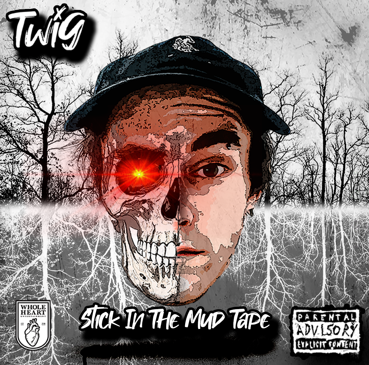 A picture of the floating half-skeletal head of TWIG in front of some black & white dead looking trees.