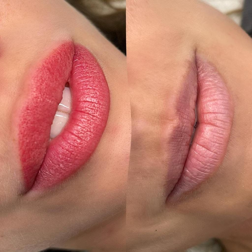 Tatuaggio labbra con fard: prima e dopo, labbra con una vivace tonalità rossa e una tonalità sbiadita e rosata.