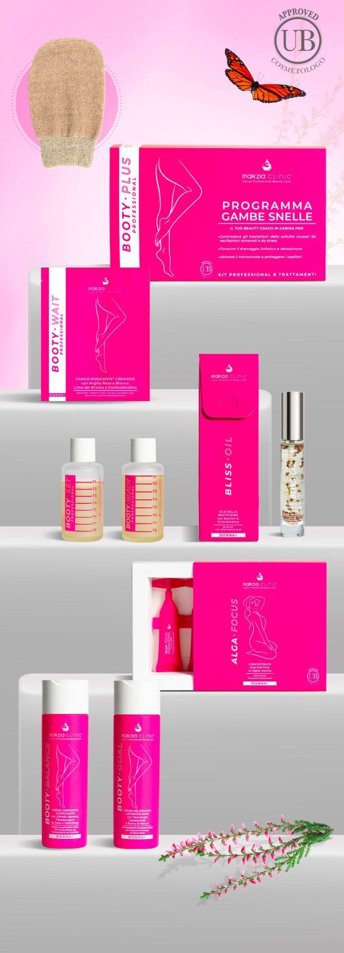 Confezione rosa di un prodotto di bellezza su una superficie bianca, farfalla e luffa.