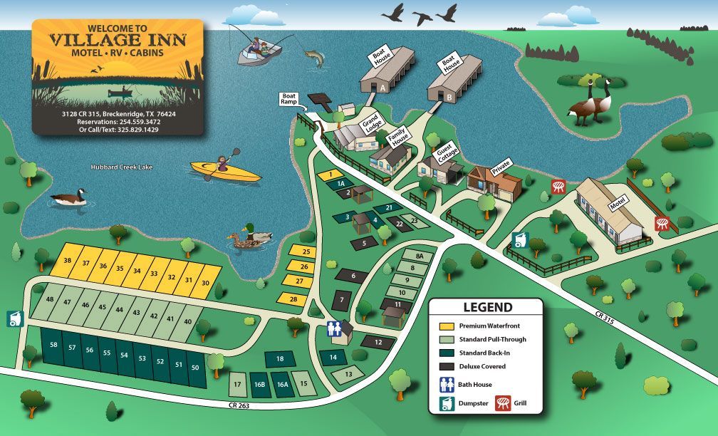 Map of Village Inn, a lakeside resort, showing cabins, campsites, and recreational activities like fishing and kayaking.