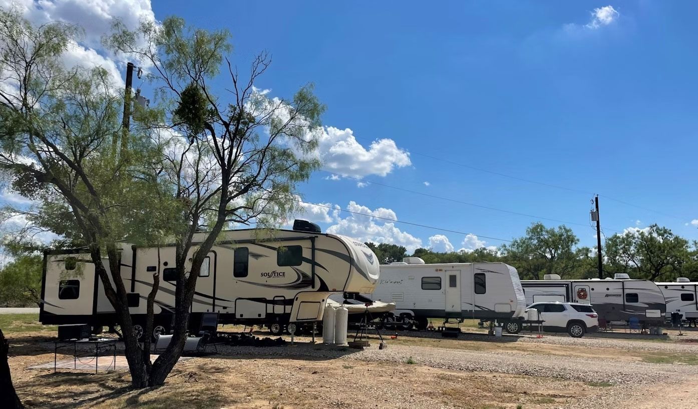 Campground with several RV trailers parked in a row on a sunny day. A tree is in the foreground.