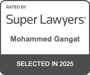 The logo for super lawyers is rated by mohamed gangat and selected in 2025.