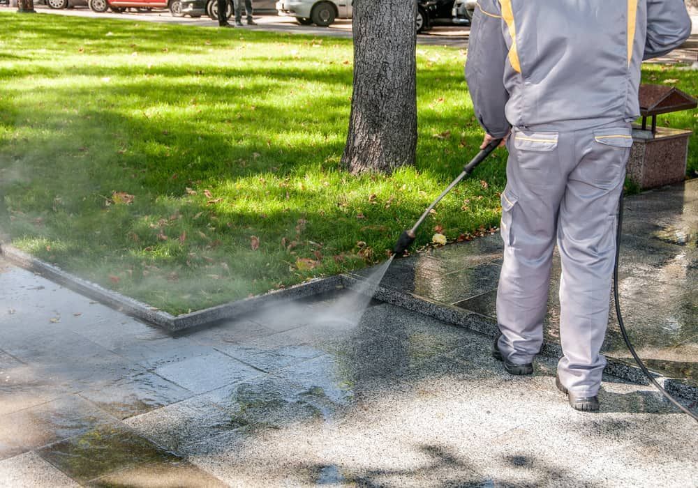 Person Power Washing a Sidewalk Next to A Grassy Area — Coastcrete Concrete Specialist in Taylors Beach, NSW