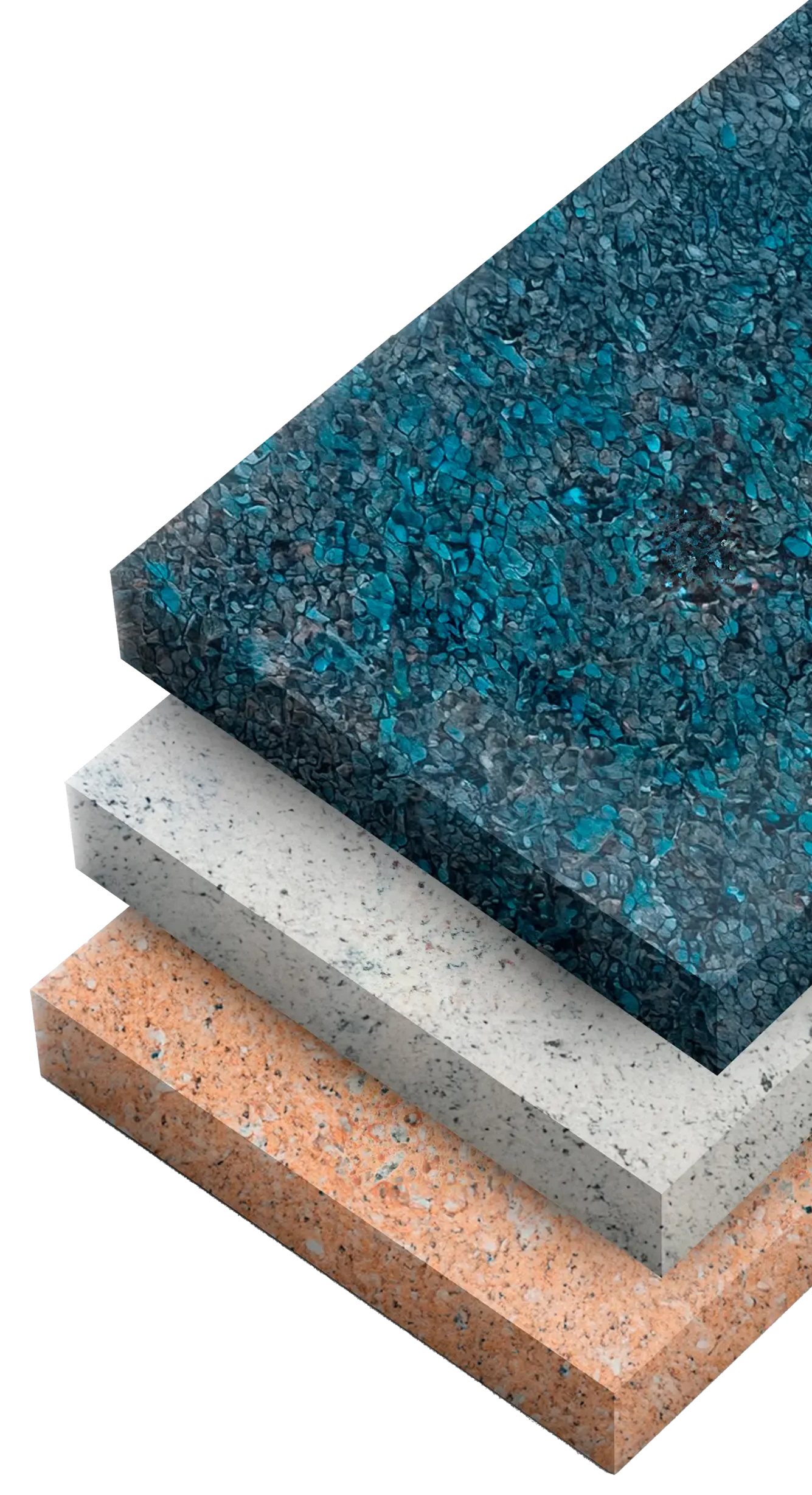 Três amostras de bancada: azul com pintas, cinza com pintas e laranja com pintas.