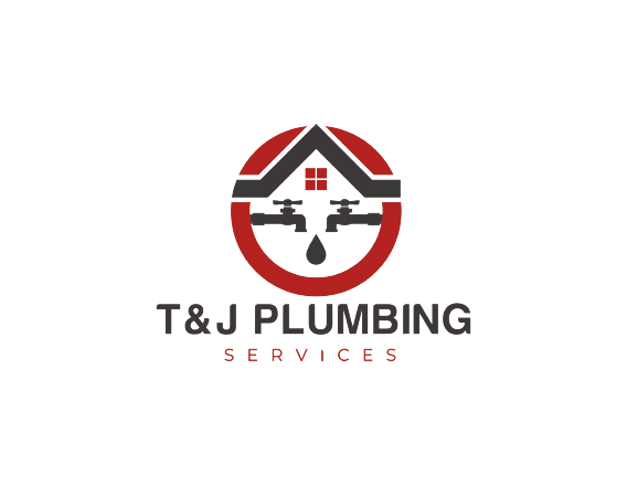 A logo for t & j plumbing services with a faucet and a drop of water