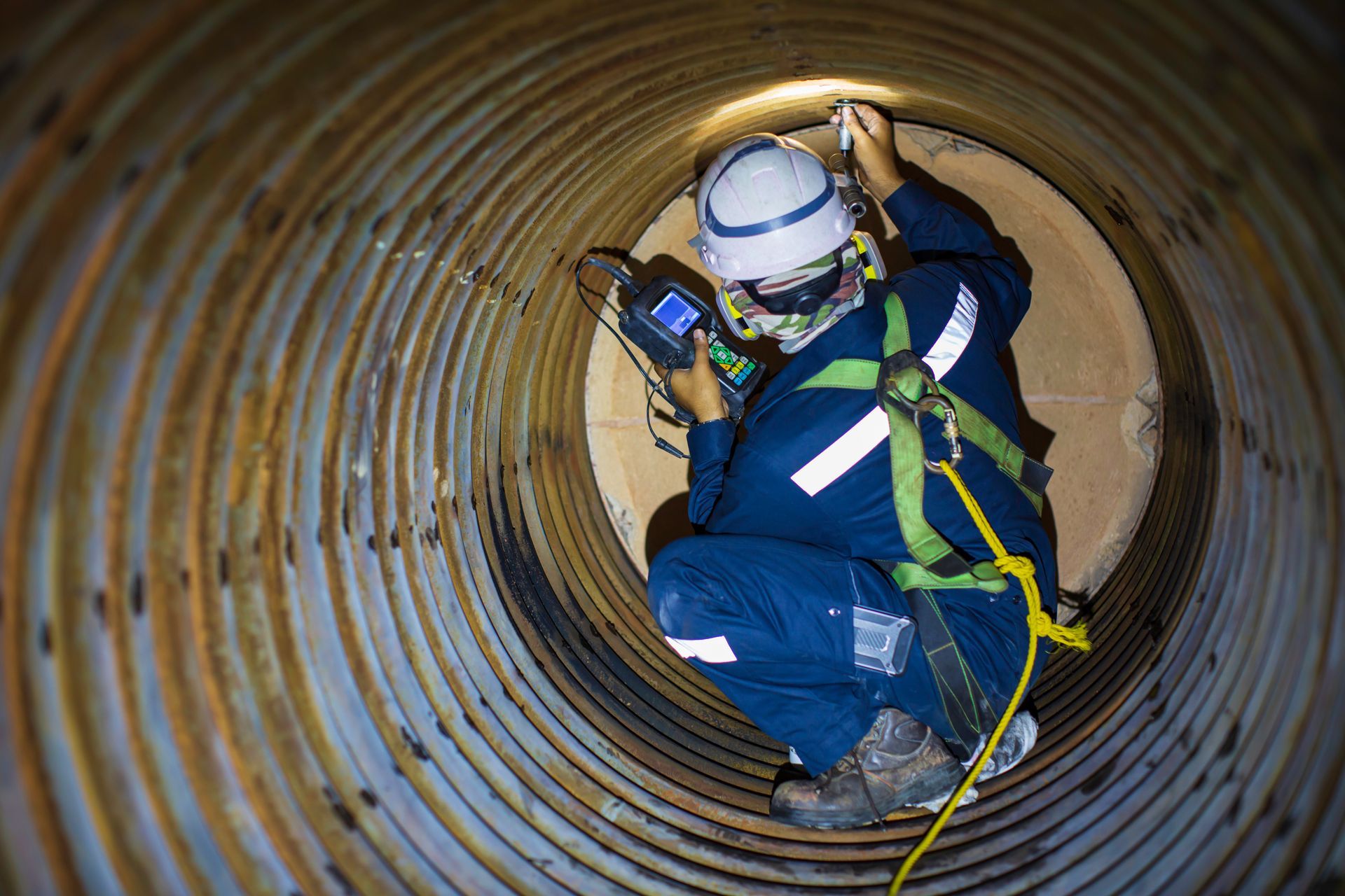 A man is kneeling down in a pipe while using a tablet.