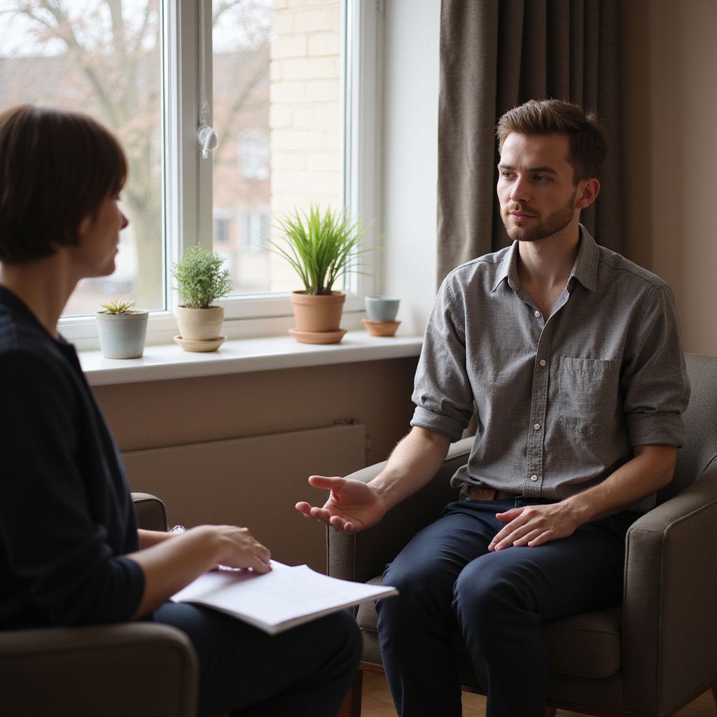 Homem conversando com uma pessoa que segura um caderno, sentada dentro de casa perto de uma janela com plantas.