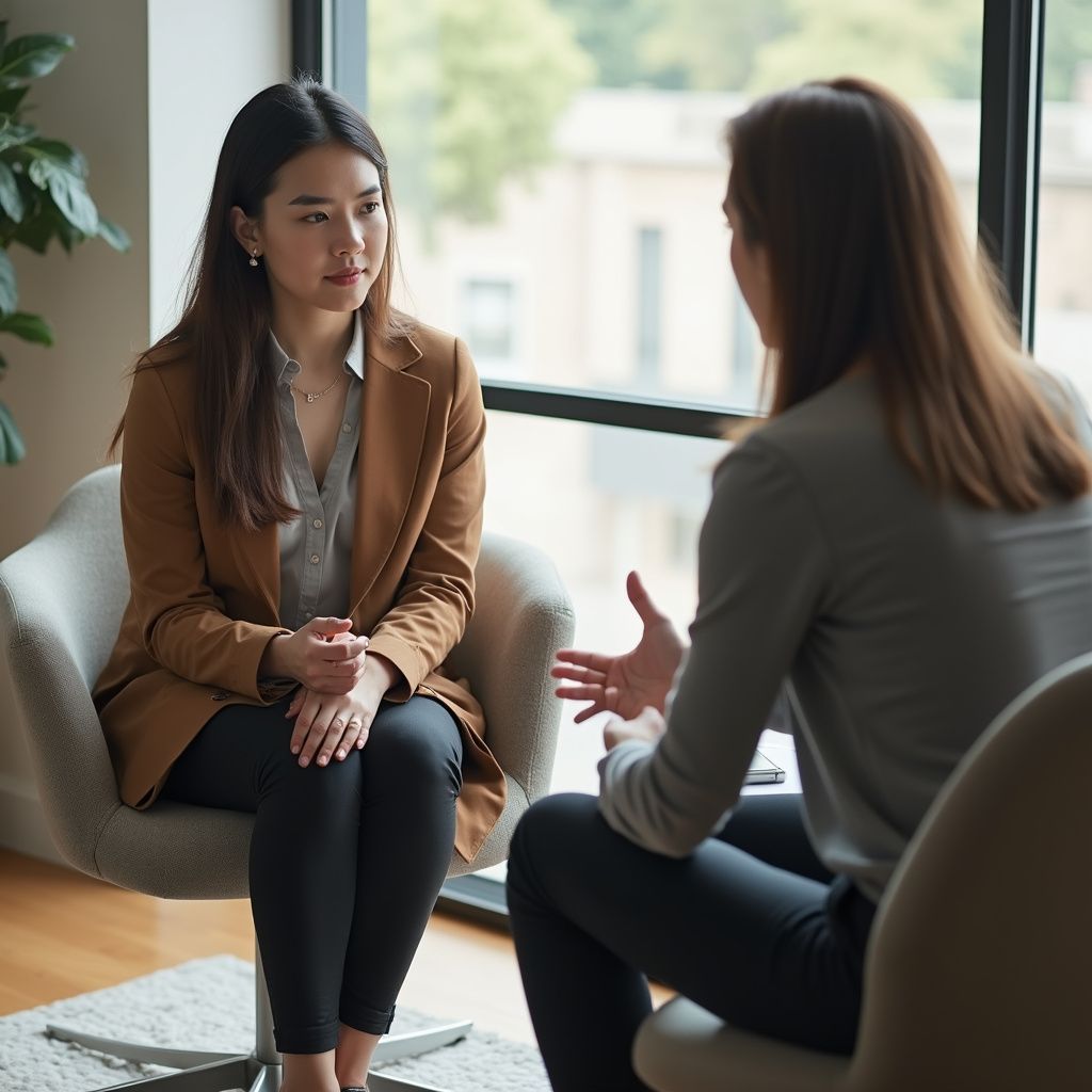 Duas mulheres sentadas, uma delas gesticulando enquanto conversam em um ambiente de escritório.