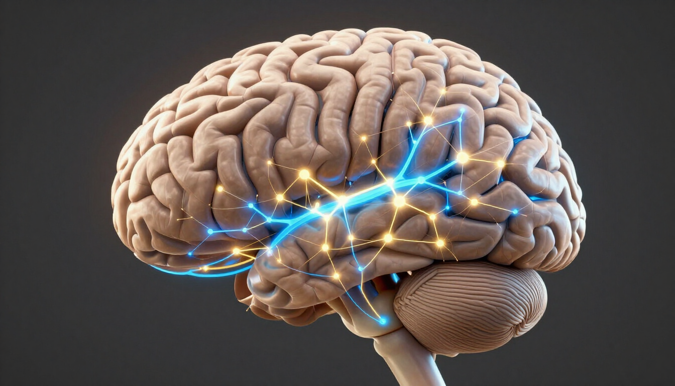 A side profile of a human brain with glowing blue and yellow neural networks connecting different regions.