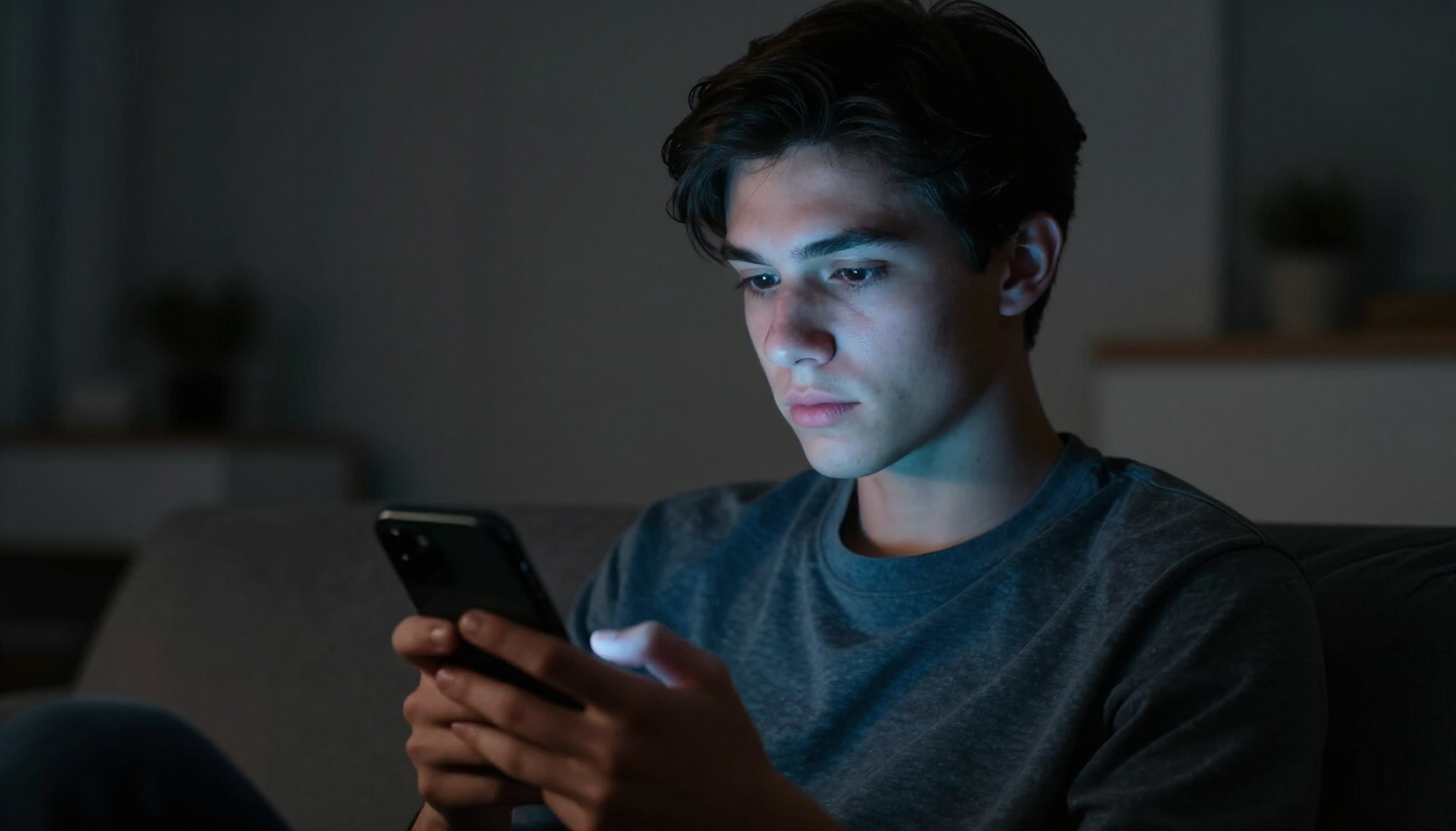 Jovem usando celular em ambiente escuro demonstrando dependência digital.