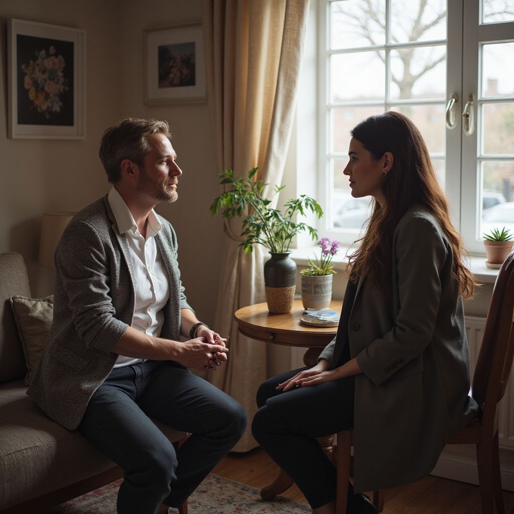 Homem e mulher conversando em ambiente interno, perto de uma janela. Expressões neutras, sentados.