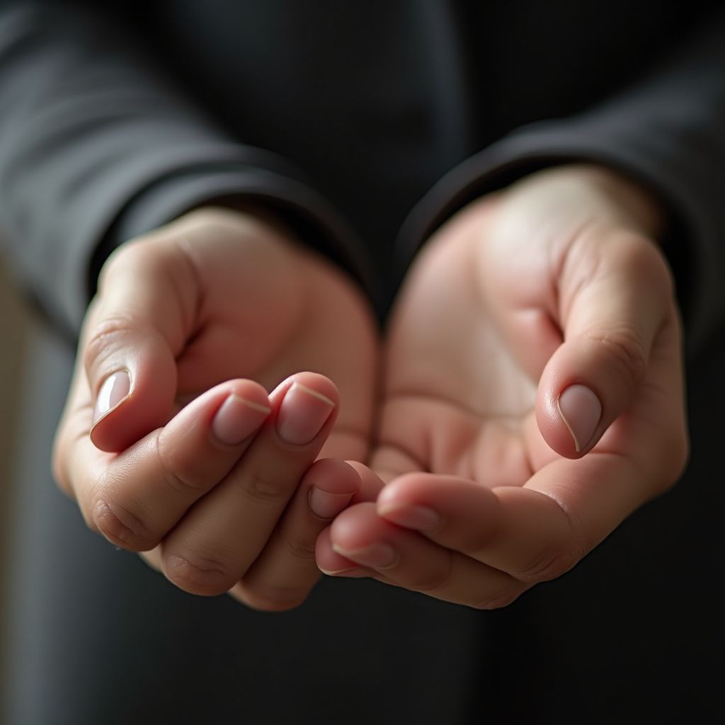 Duas mãos em concha, com as palmas voltadas para cima, em frente a um terno escuro.